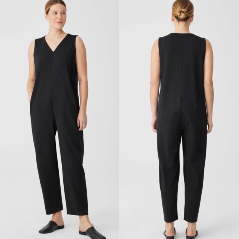 Eileen Fisher XL Organic Cotton Blend Ponte Lantern Jumpsuit V Neck Sleeveless